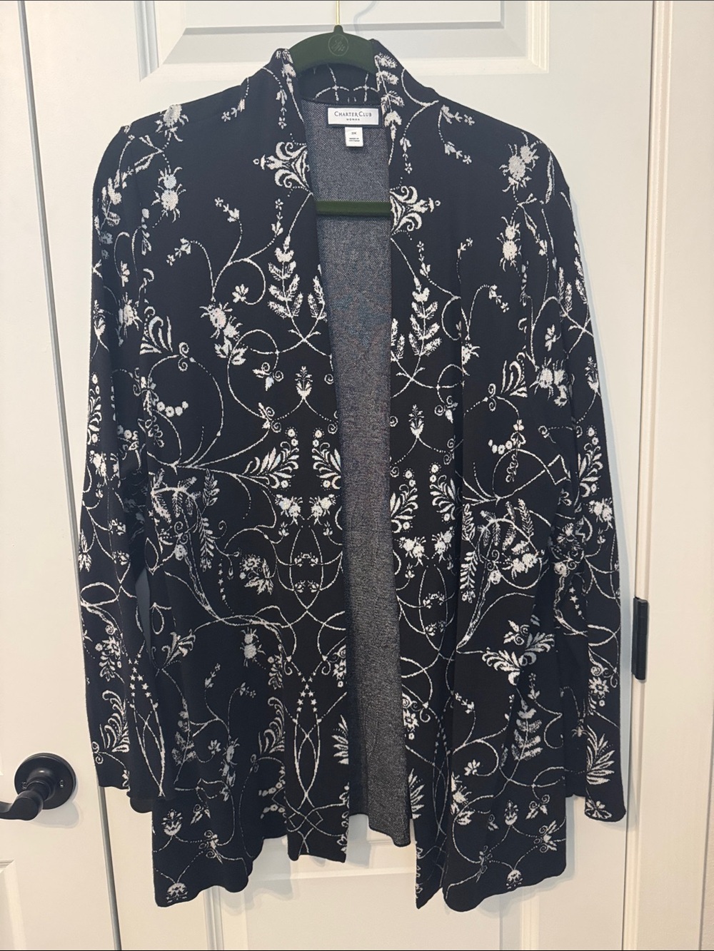 Charter Club Black Cardigan with White Floral Scroll Print